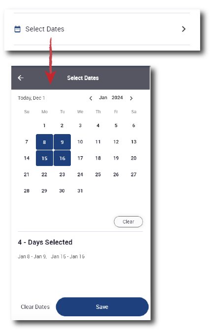 Selecting dates on a calendar