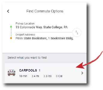 search screen with carpool matches