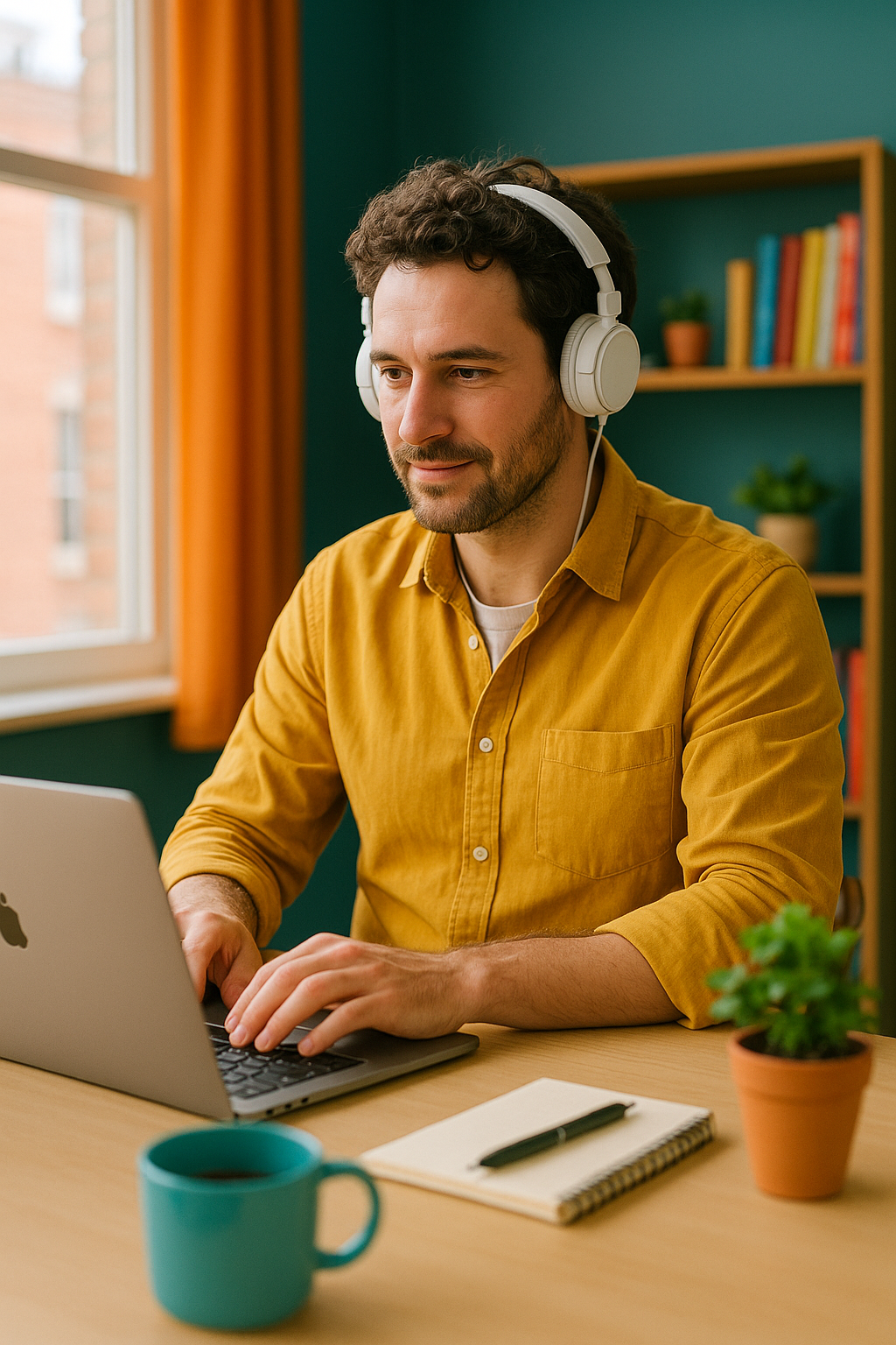 man with headphones working at a laptop