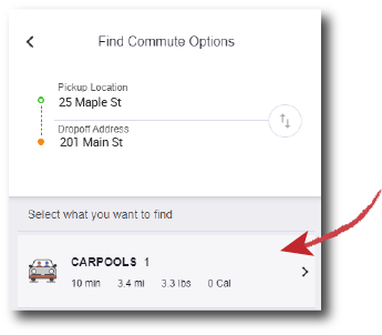 search screen with carpool matches